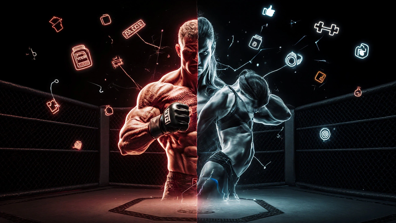 A symbolic blend of an MMA fighter and fitness model merging into one powerful silhouette, surrounded by fitness icons.