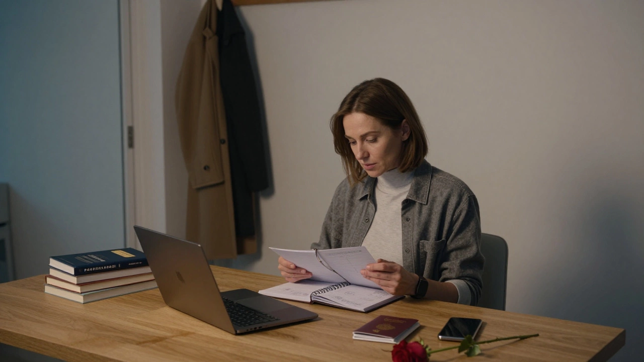 A Russian woman in a Dubai apartment reviews her planner with books and a passport nearby, exuding quiet autonomy.
