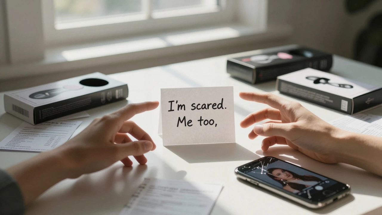 Hands reaching across a messy table of sexual products, with a handwritten note of vulnerability between them.