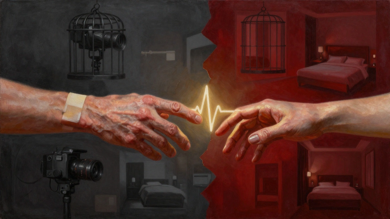 Two hands — one scarred from training, one polished — reach toward each other, connected by a glowing heartbeat.